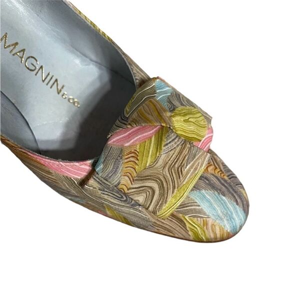 Vintage 70’s I. Magnin Silk Green Brown Pattern Heeled Pumps with bow Size 6B - Picture 3 of 11